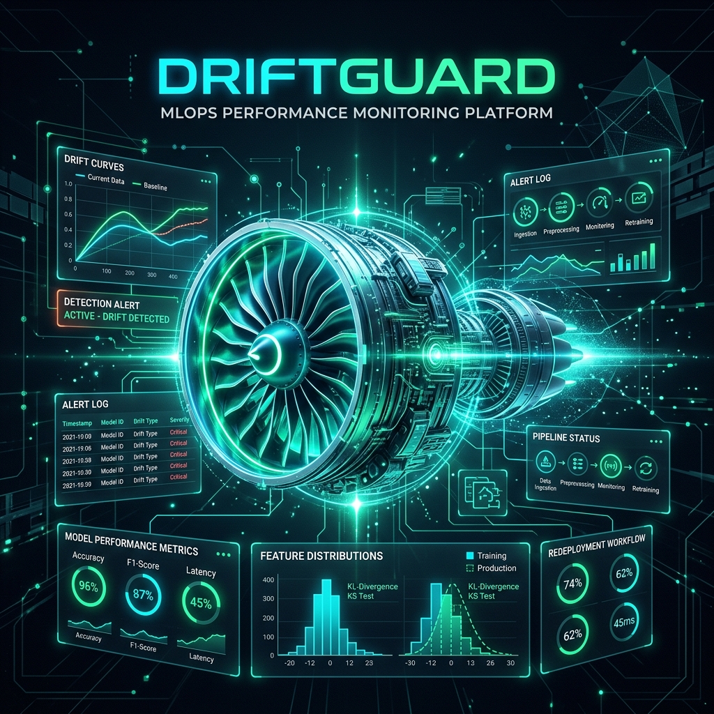 DriftGuard project dashboard displaying statistical distributions and turbofan engine diagnostics