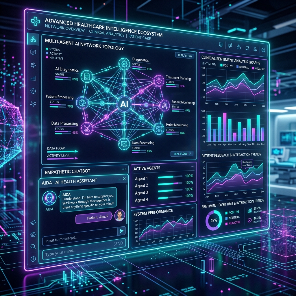 Trisoul AI dashboard showing agent topologies and clinical sentiment graphs